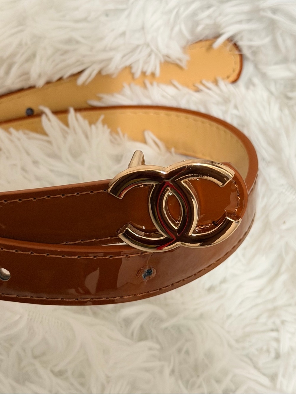 Patent Leather Kids Belt with Gold Double-C Style Buckle in Cognac